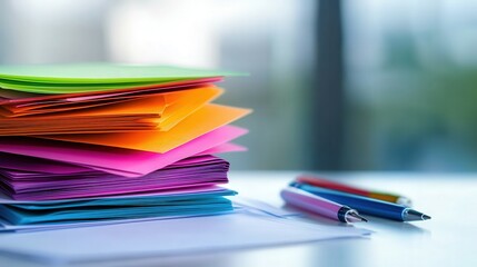 Aufkleber - A stack of colorful note paper neatly arranged on a clean white desk with pens scattered nearby