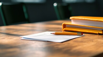Poster - A school desk with a report card partially visible under a textbook, paired with a pencil and eraser