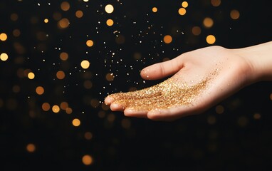 Poster - A hand releasing shimmering glitter against a dark background, creating a magical effect.
