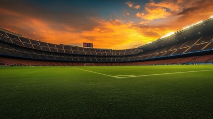 A pristine football field under a golden sunset, ready for a match