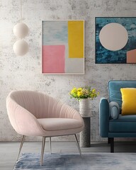 Poster - A modern living room featuring a pink chair, colorful artwork, and a cozy atmosphere.