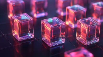Leinwandbilder - Colorful Glass Cubes with Glossy Surface on a Dark Background