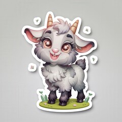 Canvas Print - Cute Cartoon Goat Character with Joyful Expression and Flowers