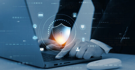 Poster - Information and cyber security technology services.Network security system. Protecting herself from cyber attacks and personal data.Protection data access.	