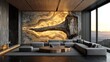 © azi - Modern living room with backlit onyx wall art, gray sectional sofa, wooden coffee table, and mountain view.