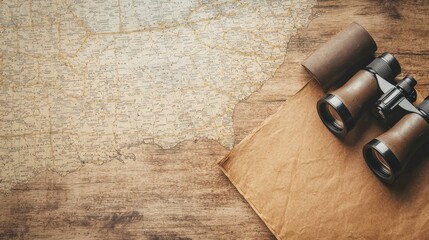 Fototapete - A flat lay of a travel itinerary, state map, and a pair of binoculars, styled for an adventure theme -