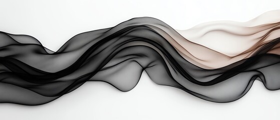 Poster - Abstract flowing fabric design in black and beige tones on a white background.