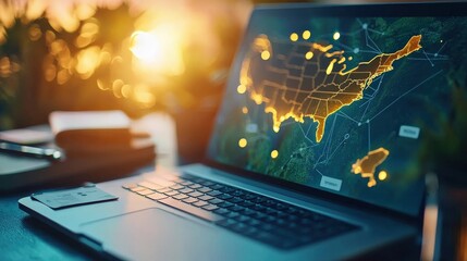 Leinwandbilder - A digital map of a state displayed on a laptop screen, surrounded by sticky notes and a travel guide