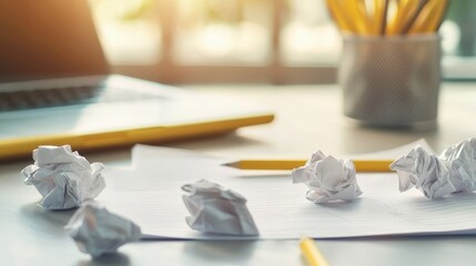 Leinwandbilder - A desk with crumpled note paper scattered around, styled with a creative and brainstorming theme