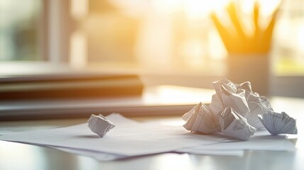 Aufkleber - A desk with crumpled note paper scattered around, styled with a creative and brainstorming theme
