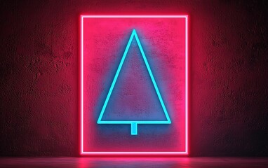 Poster - Bright neon tree sign against a textured wall in vibrant pink and blue colors.