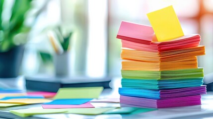Poster - A bright and colorful stack of sticky note paper in rainbow hues arranged neatly on a desk