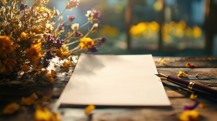 Aufkleber - A blank piece of note paper styled on a rustic table with dried flowers and a fountain pen nearby