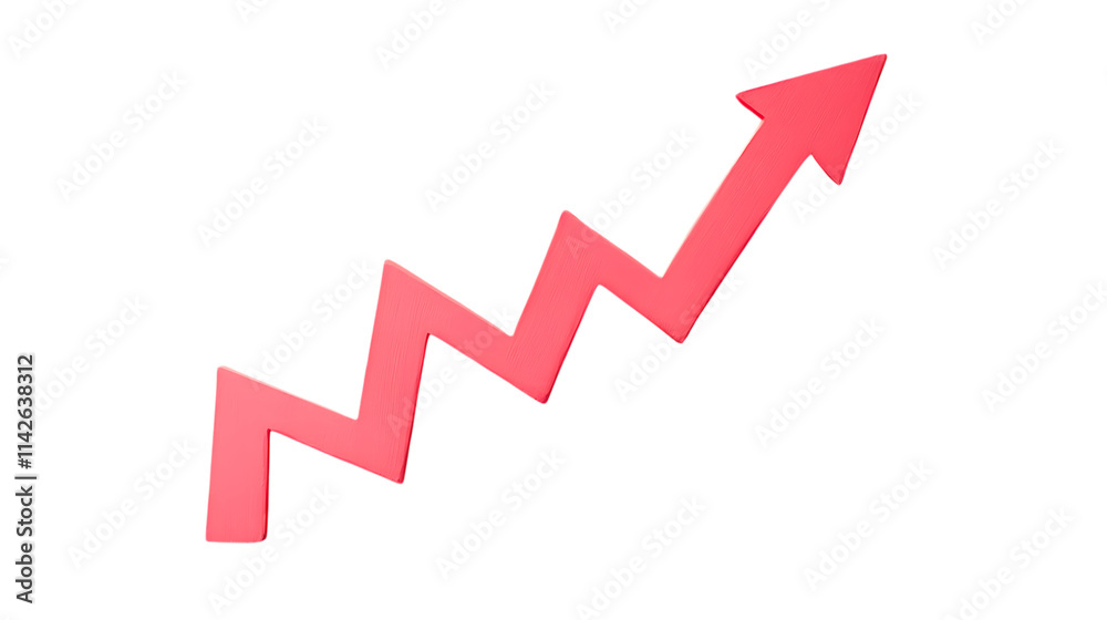 Red arrow graph pointing upward to show growth trend on white baground ...