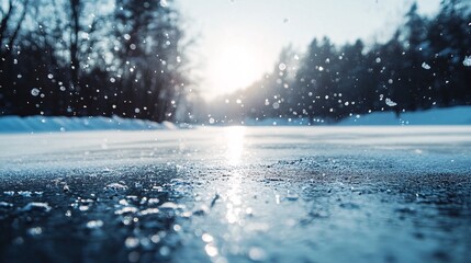 Poster - snow falling on frozen lake at sunset creating magical winter scene