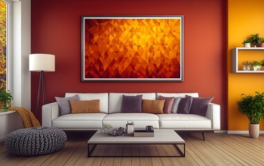 Poster - A modern living room with a geometric artwork, cozy seating, and warm colors.