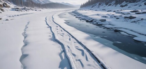 Wall Mural - Ski track crossing a frozen river in the Arctic, arctic, winter, flowing