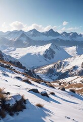 Wall Mural - snowy hillside with a view of the distant snow-capped peaks, frost, winter, landscape, nature