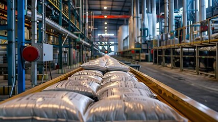 Fototapete - This Bags of soda powder are lined up on a conveyor belt in a bustling production facility.