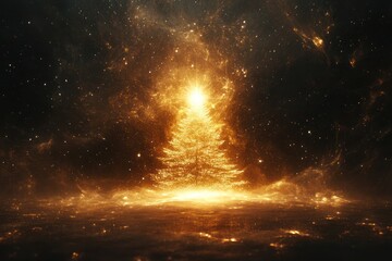 Poster - A glowing golden Christmas tree radiating light, surrounded by a soft, dark abstract night scene with hints of stardust and shadows.