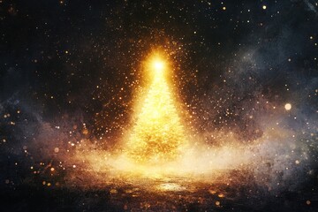 Poster - A glowing golden Christmas tree radiating light, surrounded by a soft, dark abstract night scene with hints of stardust and shadows.