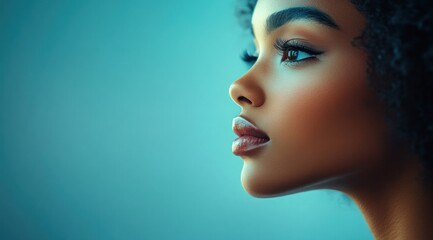 a close-up portrait of a beautiful black woman with long shiny hair and make-up . haircare, beauty a