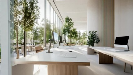 Poster - Modern office interior with natural light and greenery promoting a productive work environment
