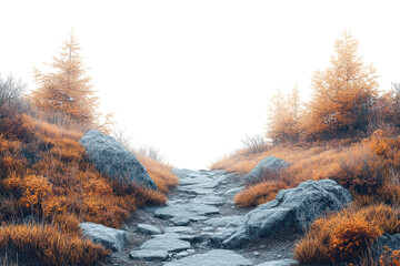 Poster - A serene pathway in an autumn landscape, flanked by vibrant orange foliage and rocky formations, creating a peaceful outdoor scene.