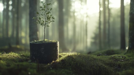 Poster - Small Tree Growing in a Pot Amidst a Misty Forest Landscape