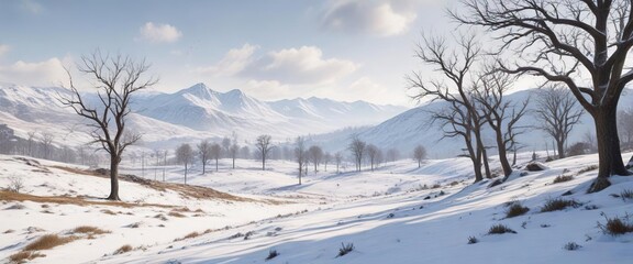 Wall Mural - Winter landscape with snow-covered hills and leafless trees, seasonal, tranquil, cold, background