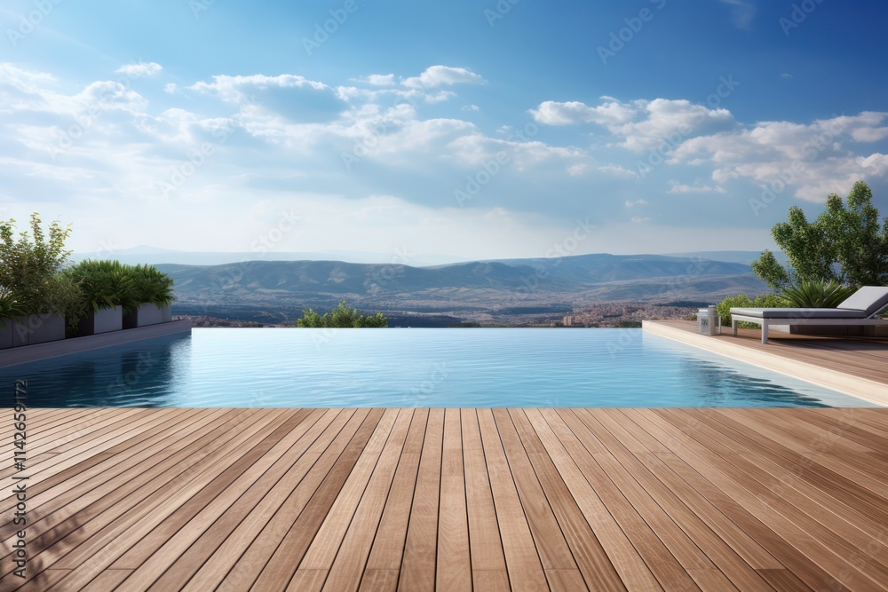 An elegant swimming pool with a modern design, featuring a sleek ...