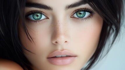 Wall Mural - Stunning close-up portrait of a person with captivating green eyes and delicate features, showcasing beauty and elegance in a soft natural light setting