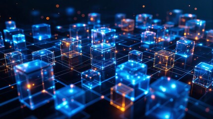 Poster - Futuristic network of interconnected data cubes.
