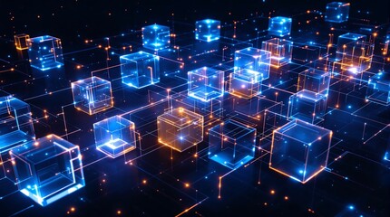 Poster - Futuristic network of interconnected data cubes.