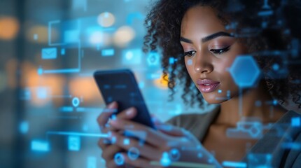 Poster - Woman interacting with a chatbot on a digital screen, exploring insights about the future of work and employment trends.