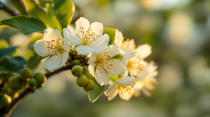 Aufkleber - A lemon tree is in bloom, with white blossoms and green fruit visible on the branches, set against a background of blurred sunlight.