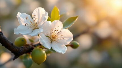 Aufkleber - A lemon tree is in bloom, with white blossoms and green fruit visible on the branches, set against a background of blurred sunlight.