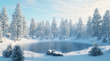 Poster - An elegant snowy landscape featuring a frozen lake surrounded by pine trees