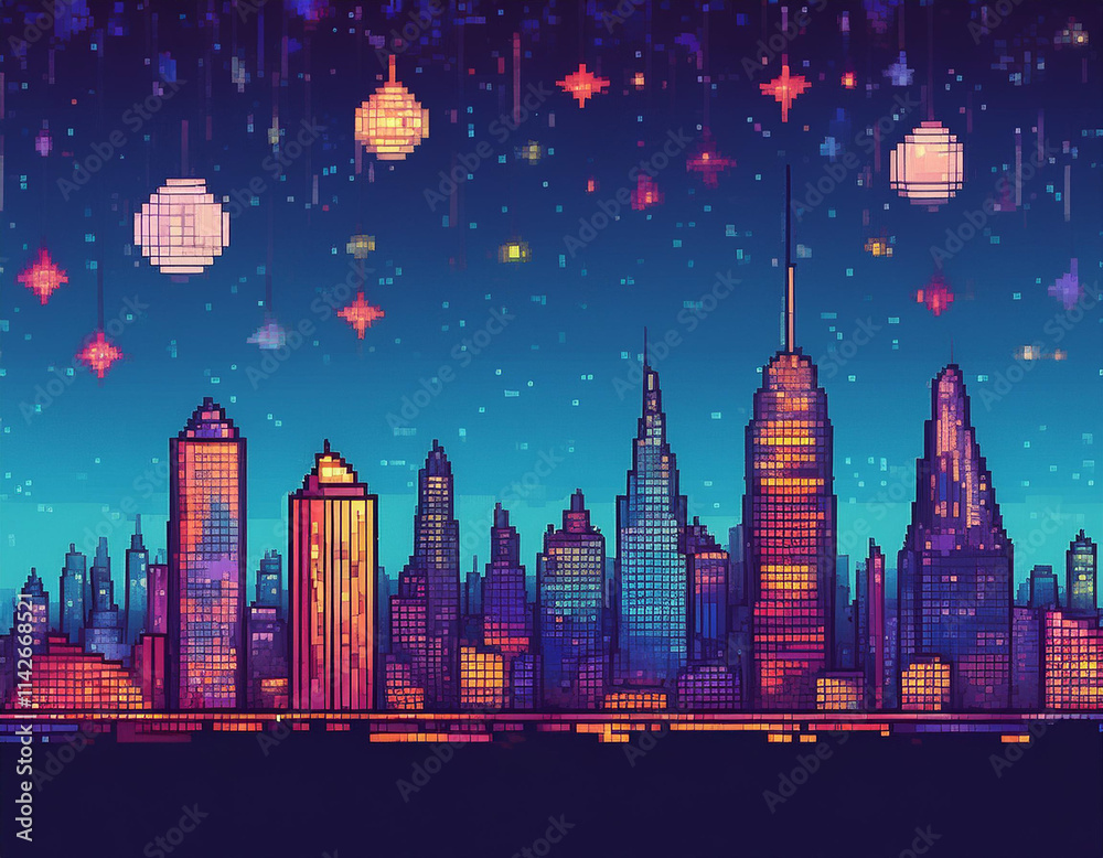Pixel Art Style Skyline at Night Stock Illustration | Adobe Stock