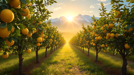 Aufkleber - orchard with rows of orange trees under a bright sun. The trees are in full bloom with many ripe oranges hanging from their branches. The background features a scenic view of mountains under a stunnin