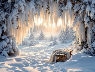 Fototapete -  tranquil winter scene with snow-covered trees, icicles hanging from the branches, and a dog sitting in the snow, basking in the sunlight.