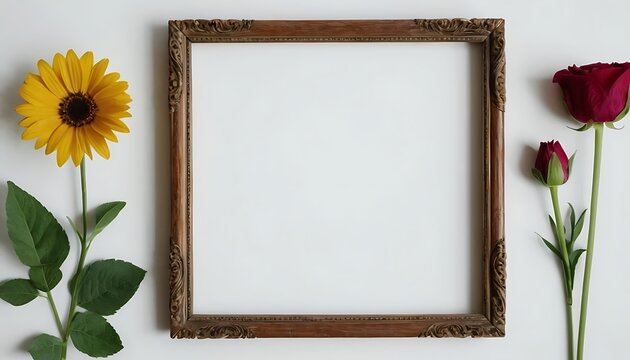 Festive flower composition on the white wooden background Overhead view Gold empty frame with bouquet of spring flowers. Mock up frame and colorful flowers. Empty frame mock up for presentation design