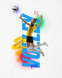 © master1305 - Dynamic image of young woman, volleyball player in motion, serving ball on white background with bold blue typography and colorful elements. Concept of sport, game, event, championship. Poster, ads