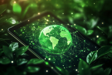 Digital tablet symbolizing technology with a bright green earth and global network symbols.