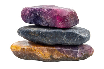 Poster - Three stacked natural stones with vibrant colors of purple, black, and orange, showcasing unique textures and patterns on a white isolated background.