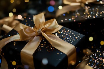 Elegant black gift boxes with golden ribbons and scattered glitter create a festive atmosphere perfect for celebrations, holidays, and special occasions.