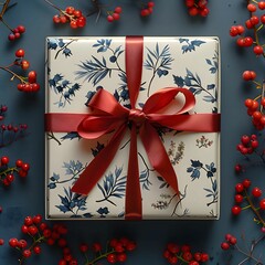 Wall Mural - Elegant Christmas Gift Box with Red Ribbon and Berries