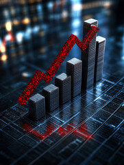 Poster - Visualize upward market trends with this striking graphic featuring towering bar charts and a bold red arrow, symbolizing growth and profitability in a digital landscape.