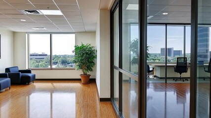 Poster - Modern office interior with large windows and greenery in a sunny, professional environment