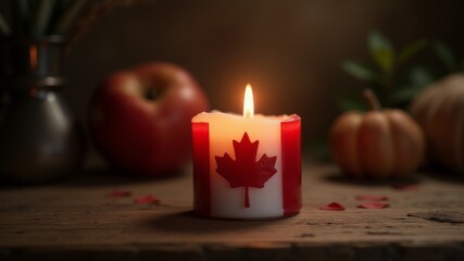 Wall Mural - A red and white candle with a maple leaf on it